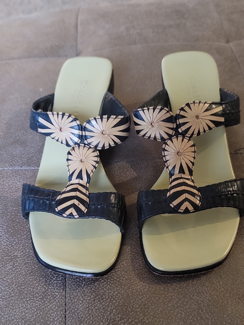 Cole Haan Country Tejidads Black And Tan Wedge Leather Slide Sandals Sz 7